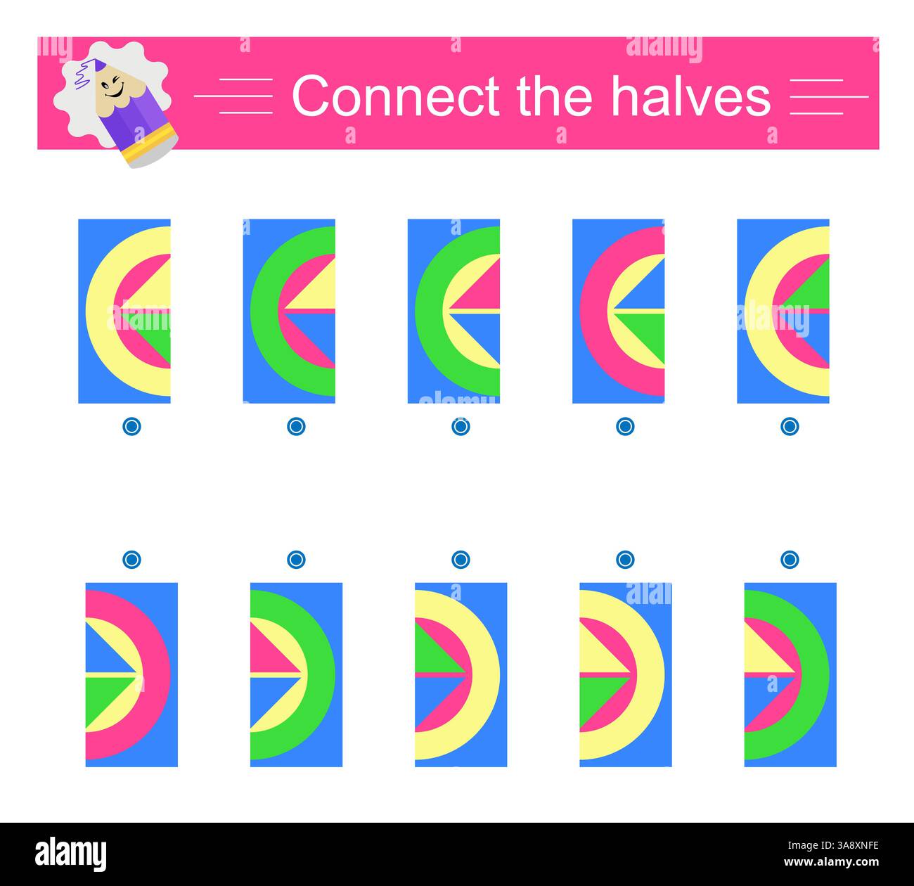 Gioco di logica. Materiale educativo per bambini. È necessario fınd metà delle forme geometriche. Illustrazione vettoriale. Illustrazione Vettoriale