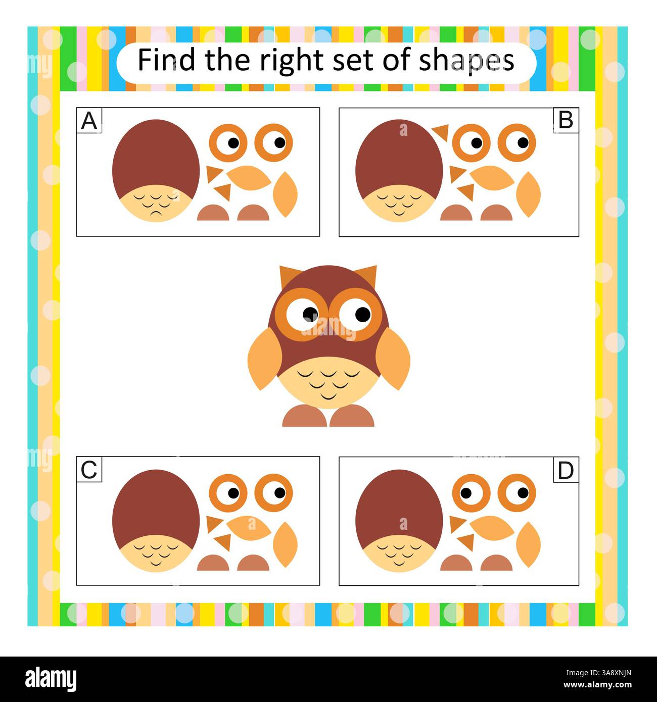 Puzzle logico per bambini. Trovare il set corretto di gufo del cartone animato. Attività del foglio di lavoro in età prescolare. Illustrazione vettoriale. La risposta è C.. Illustrazione Vettoriale