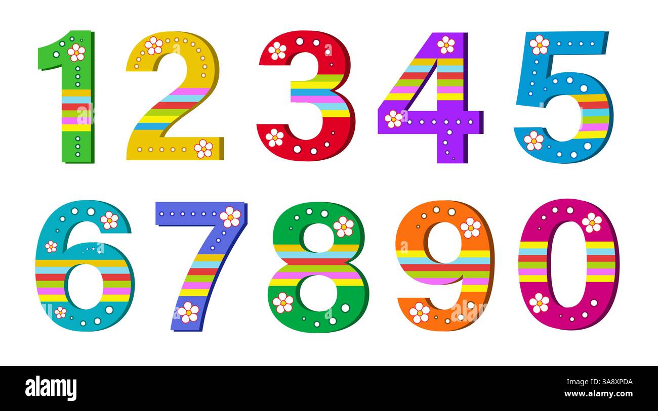 Serie di numeri dei cartoni animati. Numeri d'infanzia carini per il compleanno del bambino. Decorazioni all'asilo. Matematica nelle scuole elementari. Illustrazione Vettoriale