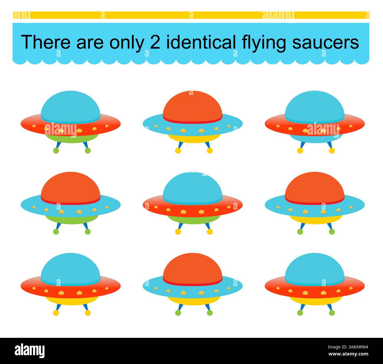 Divertente puzzle per bambini. Devo trovare due dischi volanti identici. Compito per lo sviluppo dell'attenzione e della logica. Illustrazione vettoriale. Illustrazione Vettoriale