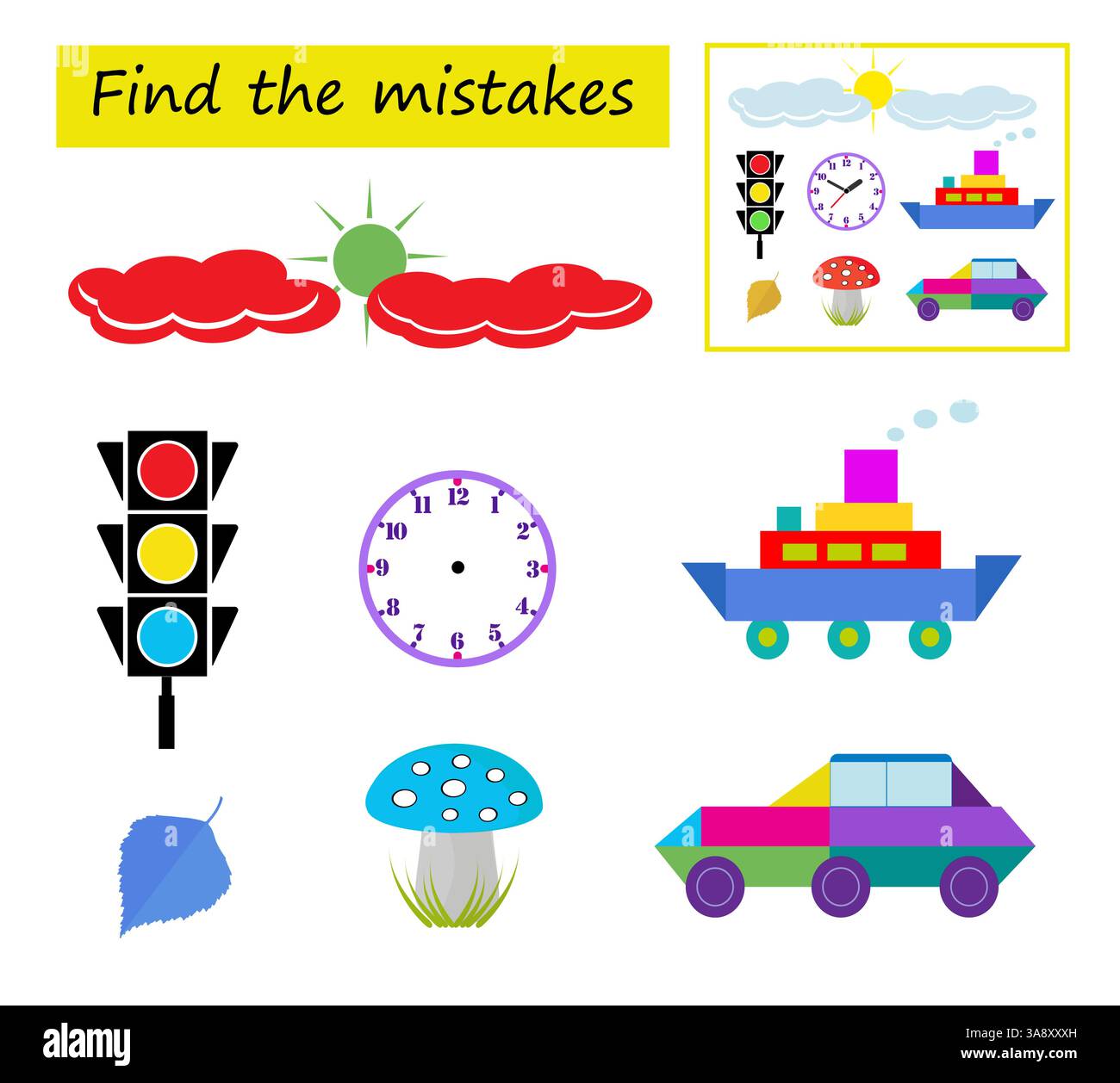 Gioco di logica per bambini. Devo trovare gli errori nelle immagini. Intelligenza visiva. Illustrazione vettoriale. Illustrazione Vettoriale