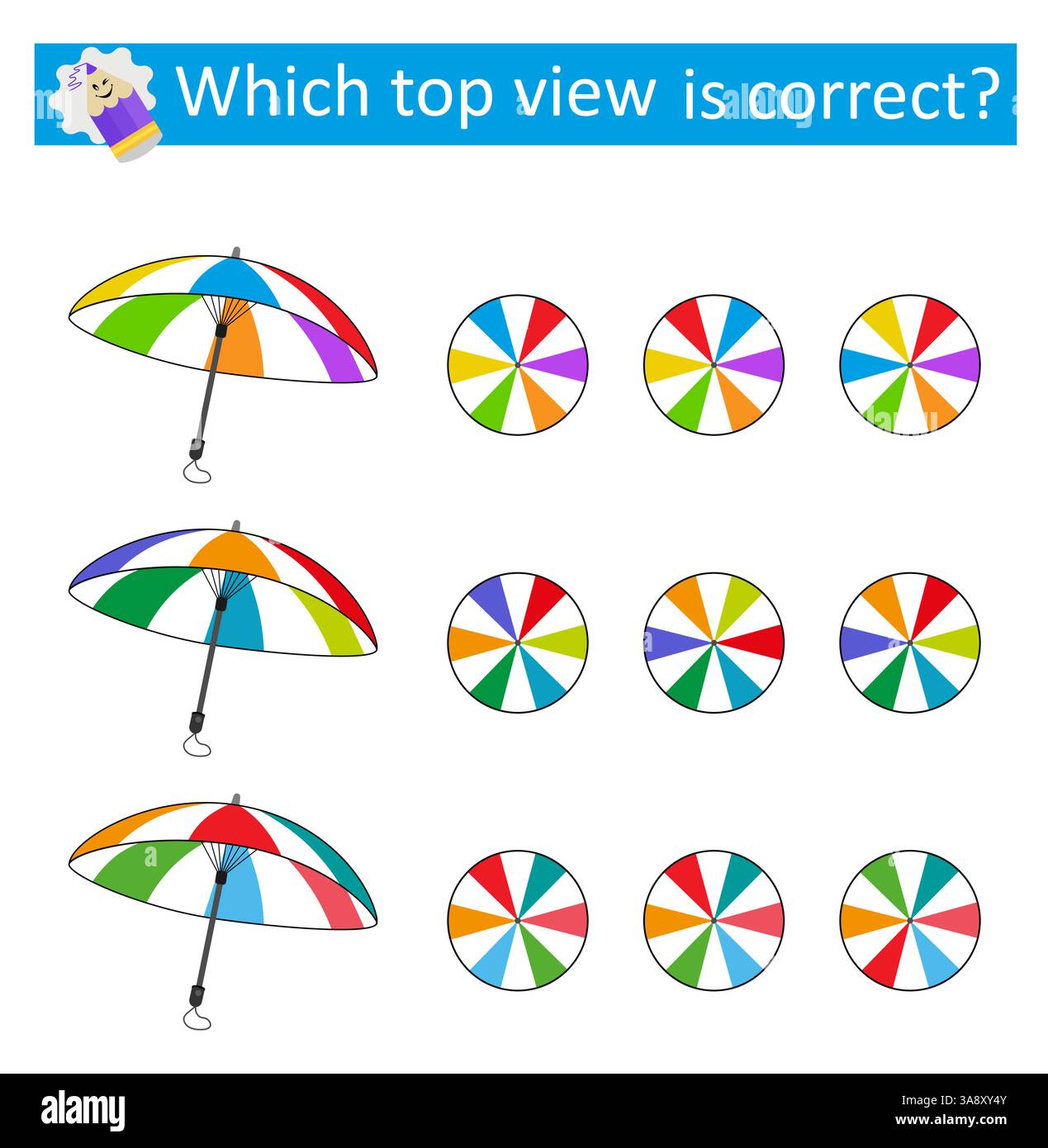 Puzzle per bambini. Quale vista dall'alto è corretta? Test di formazione IQ. Illustrazione vettoriale. Illustrazione Vettoriale