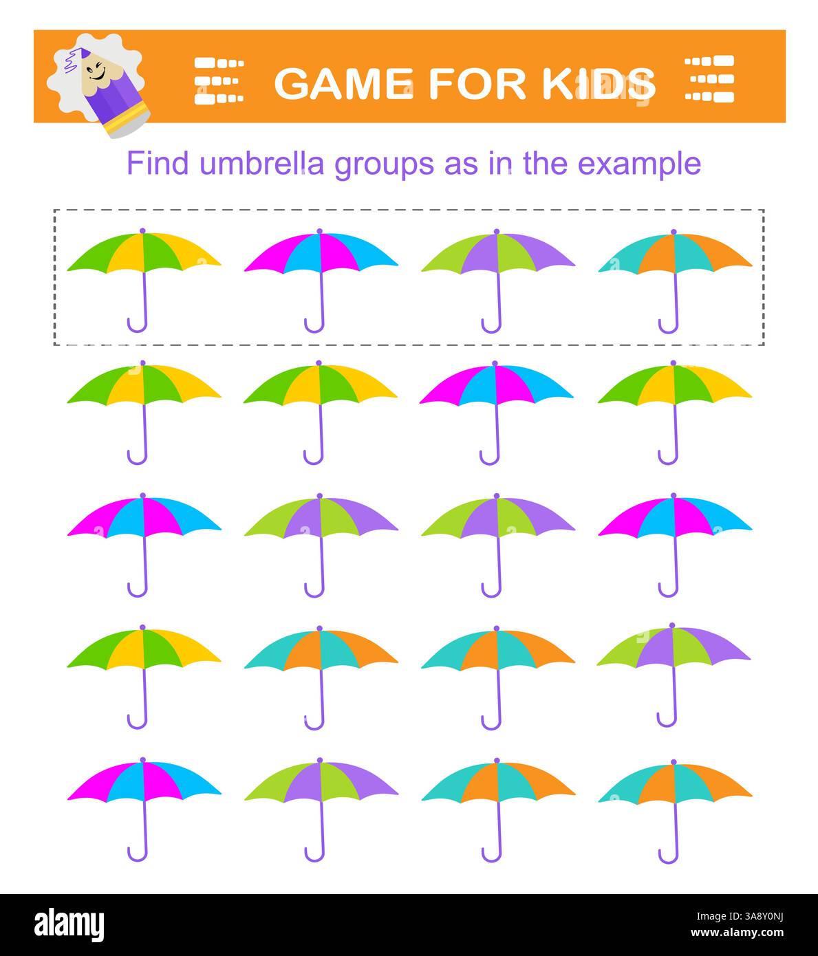 Un gioco per bambini. Trovare gruppi ombrello come nell'esempio. Attività di attenzione per i bambini. Illustrazione Vettoriale