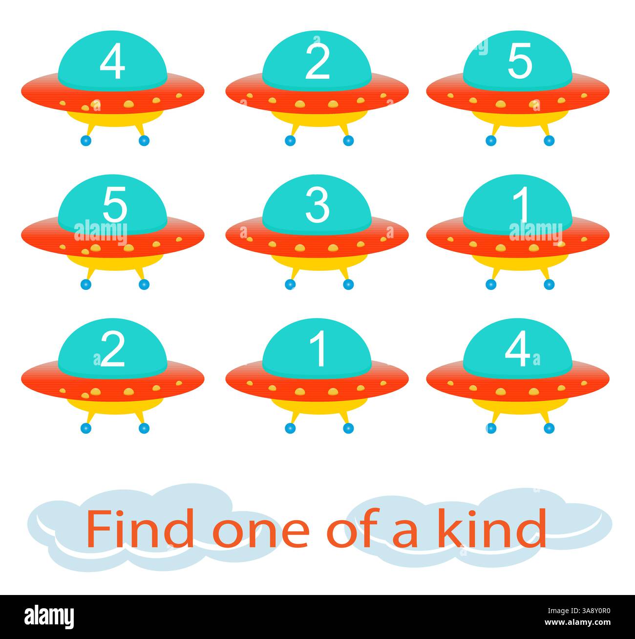 Divertente gioco educativo per bambini. Devo trovare un disco volante unico nel suo genere. Pagina attività per bambini. Illustrazione vettoriale. Illustrazione Vettoriale