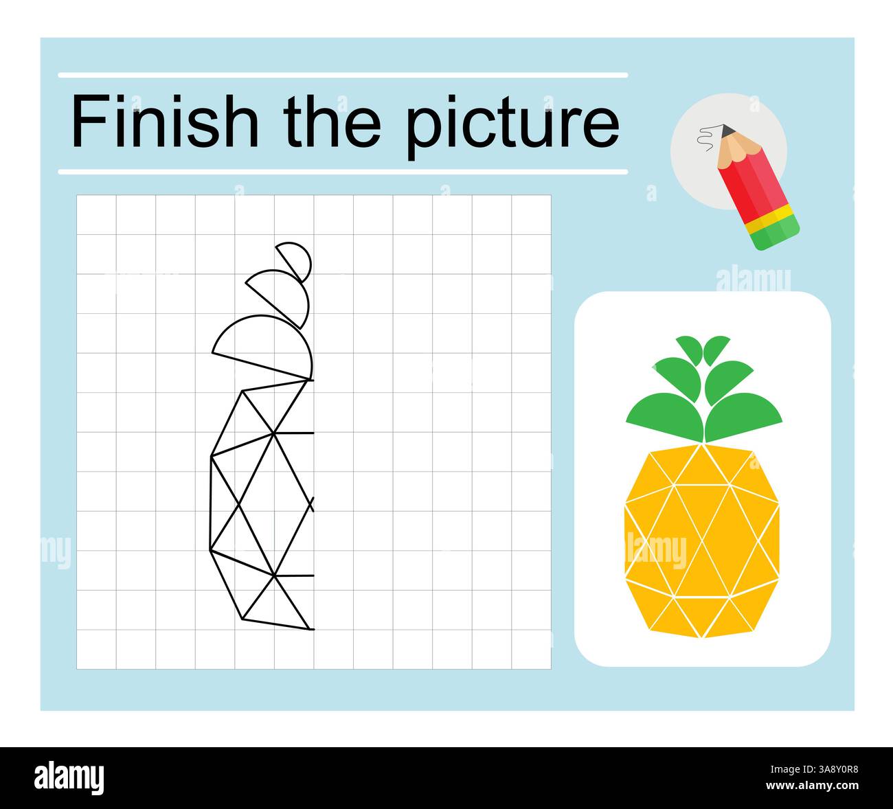 Gioco educativo per bambini. Completa l'immagine - ananas cartoni animati. Pagina da colorare. Illustrazione vettoriale. Illustrazione Vettoriale