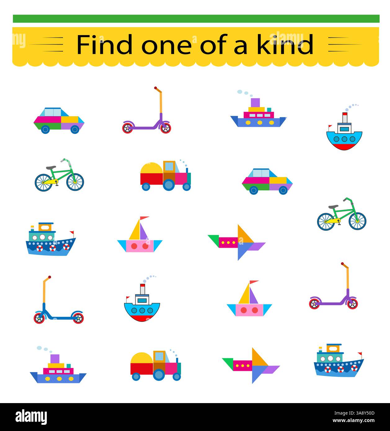 Gioco educativo per bambini. Devo trovare un mezzo di trasporto unico nel suo genere. Intelligenza visiva. Illustrazione vettoriale. Illustrazione Vettoriale