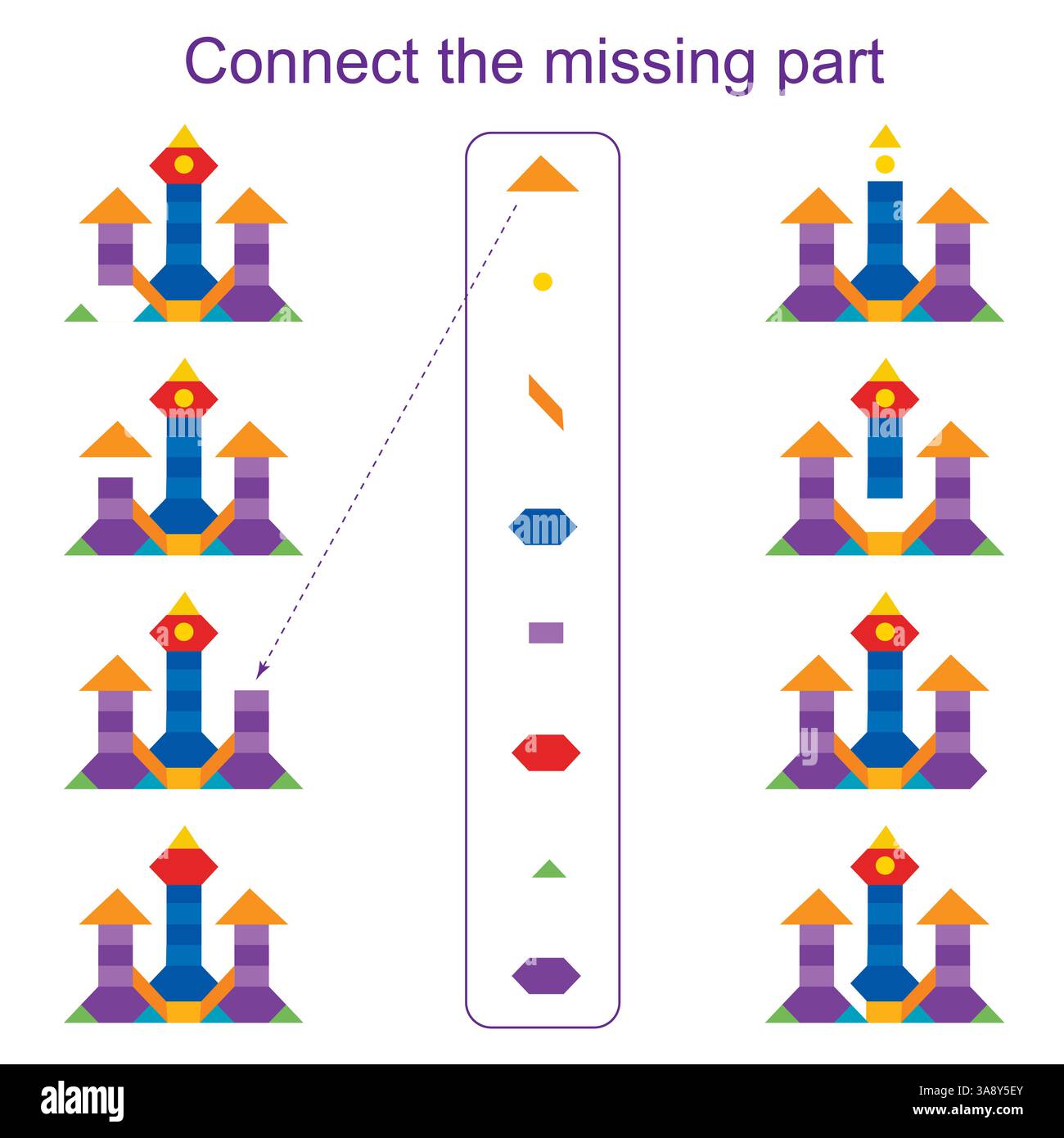 Collegare la parte mancante. Gioco educativo per bambini. Foglio attività per bambini. Illustrazione vettoriale. Illustrazione Vettoriale