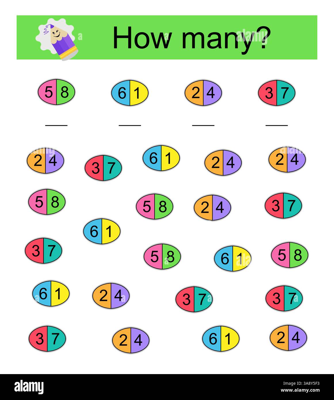 Attività matematica per bambini. È necessario trovare la risposta corretta. Domino dei cartoni animati. Attività del foglio di lavoro in età prescolare. Illustrazione Vettoriale
