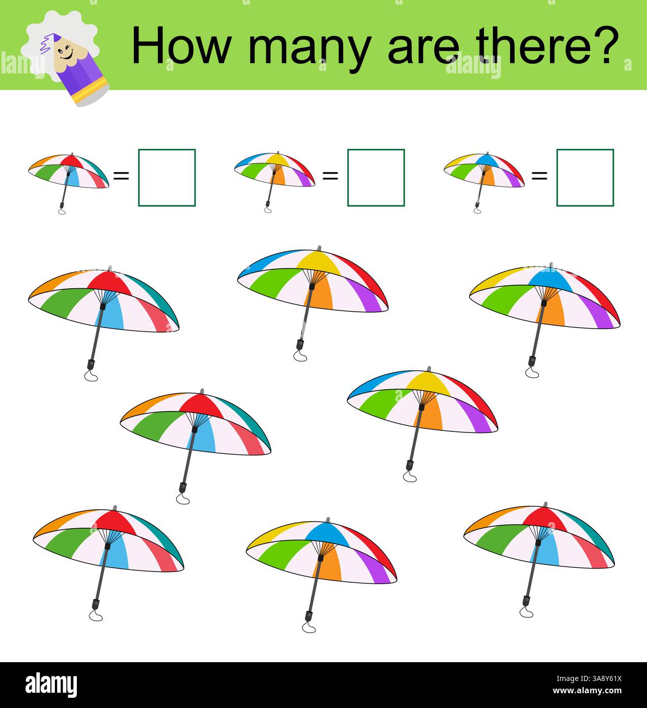 Attività matematica per bambini. Sviluppo di competenze di calcolo. Illustrazione vettoriale dell'ombrello. Illustrazione Vettoriale