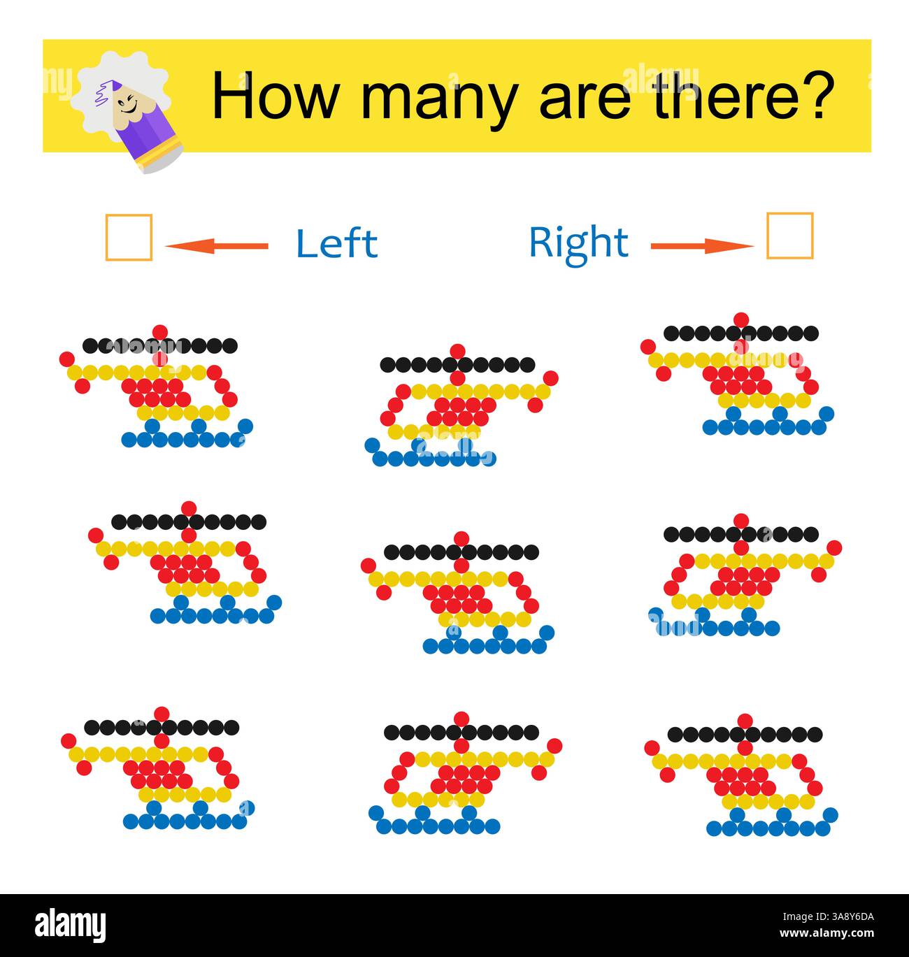 Attività matematica per bambini. Sviluppo di competenze di calcolo. Elicottero cartoni animati. Illustrazione vettoriale. Illustrazione Vettoriale