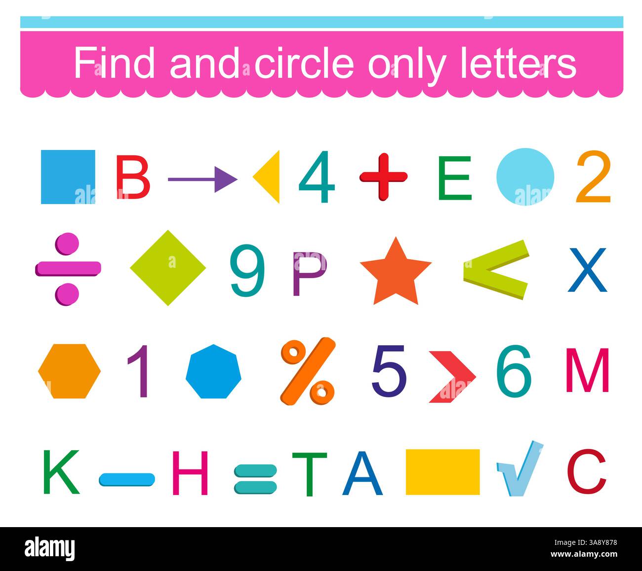 Gioco educativo per bambini. Trova e cerchia solo le lettere. Foglio di lavoro. Illustrazione vettoriale. Illustrazione Vettoriale