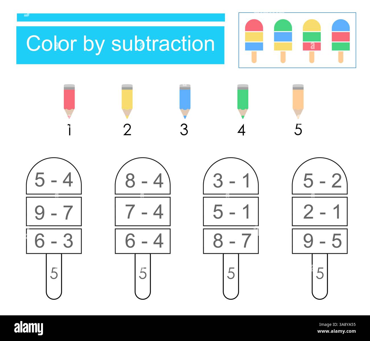 Pagine da colorare. Colore per sottrazione. Illustrazione vettoriale per l'educazione dei bambini. Design piatto. Illustrazione Vettoriale