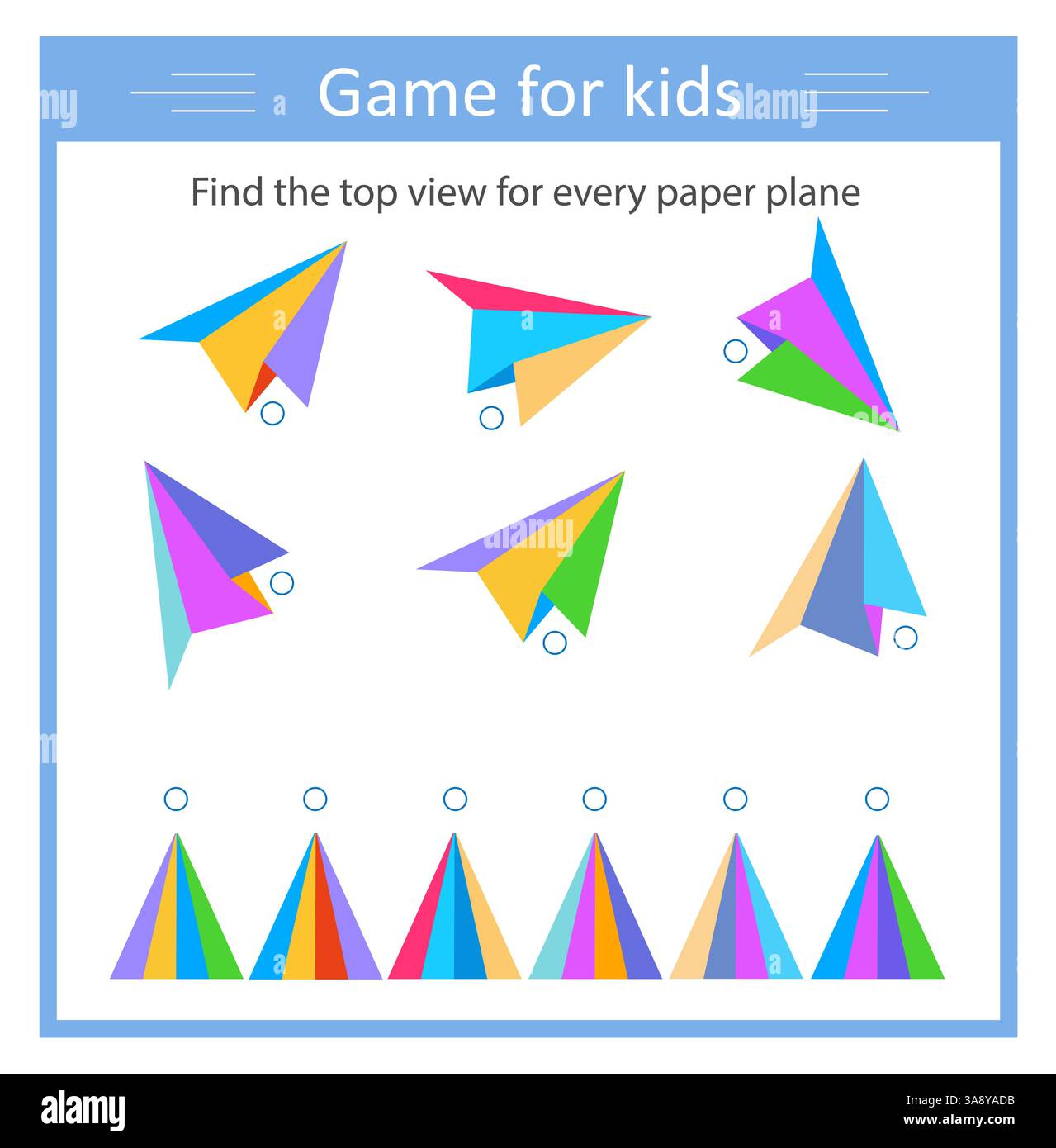 Gioco di logica per bambini. Individuare la vista superiore per ogni piano di carta. Il gioco dell'attenzione. Per siti Web e per la stampa. Illustrazione Vettoriale