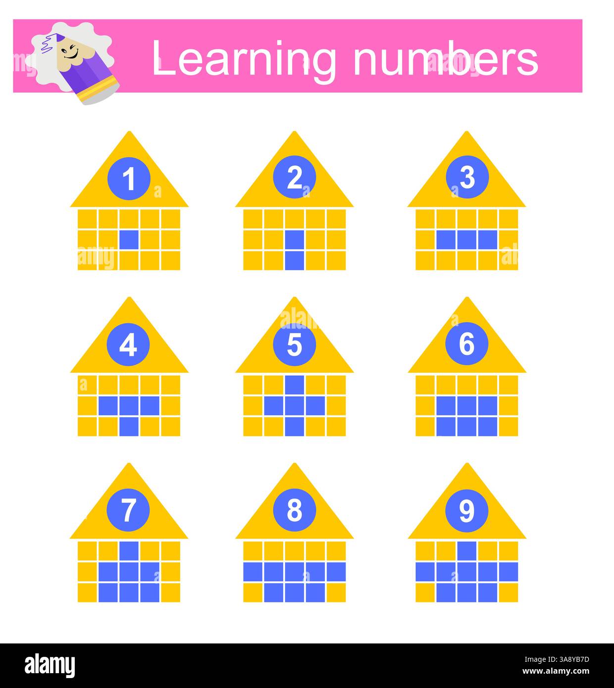 Il set di numeri per bambini in età prescolare. Numeri di apprendimento. Foglio di lavoro stampabile. Illustrazione Vettoriale