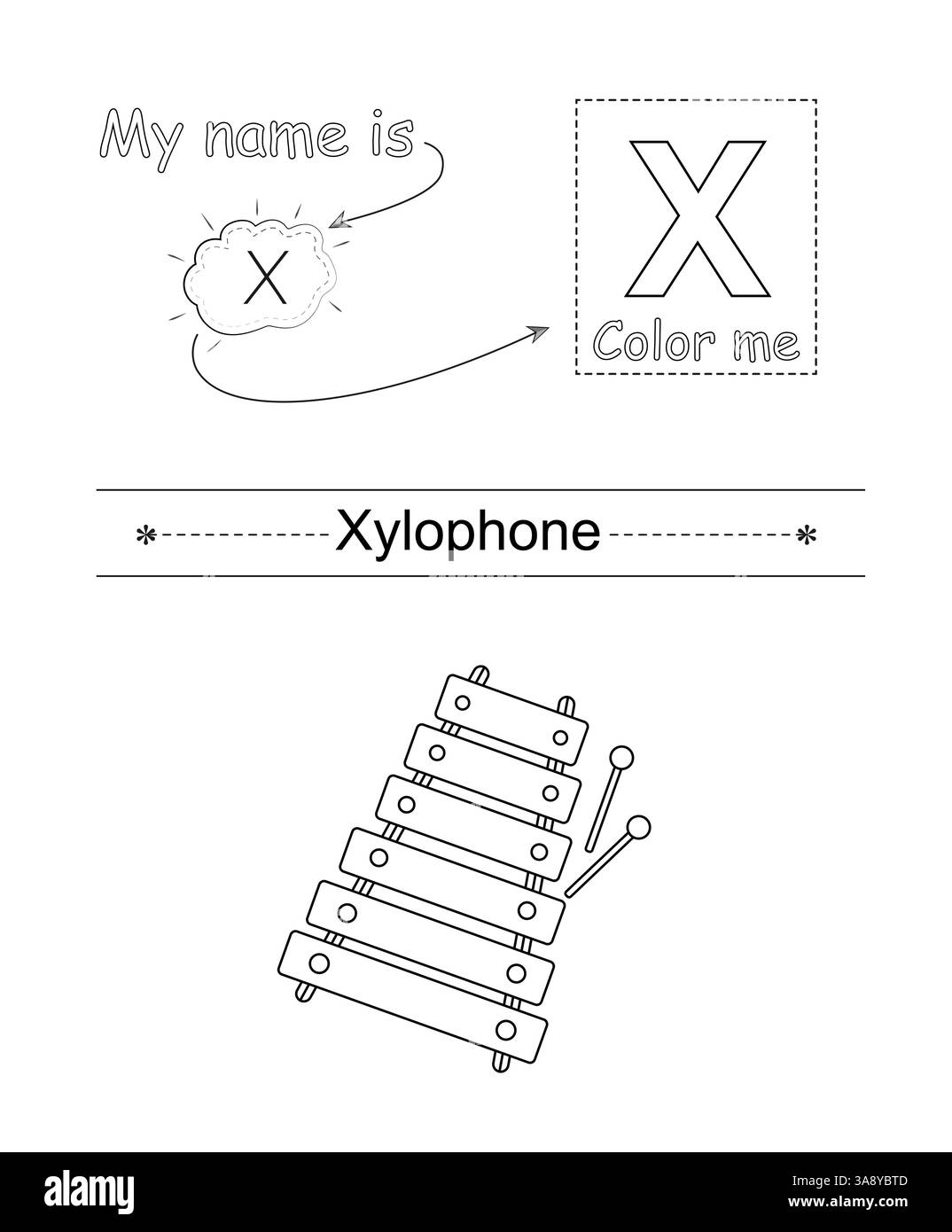 Colora la lettera e l'immagine. Gioco educativo per bambini. Alfabeto da colorare. Lettera X e xilofono. Illustrazione Vettoriale