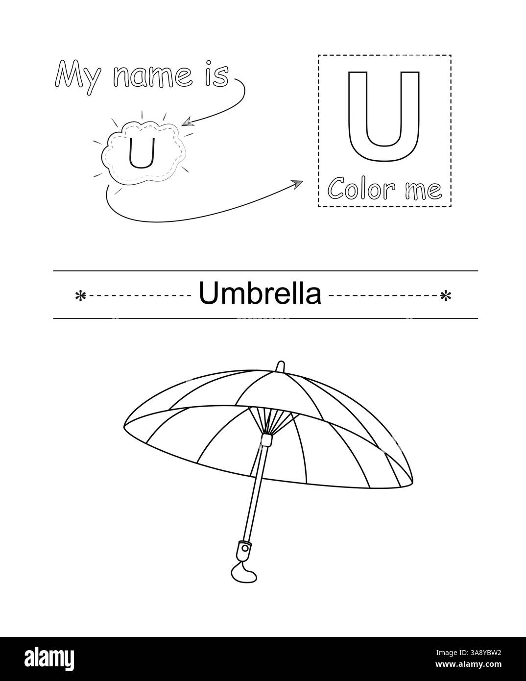 Colora la lettera e l'immagine. Gioco educativo per bambini. Alfabeto da colorare. Lettera U e ombrello. Illustrazione Vettoriale
