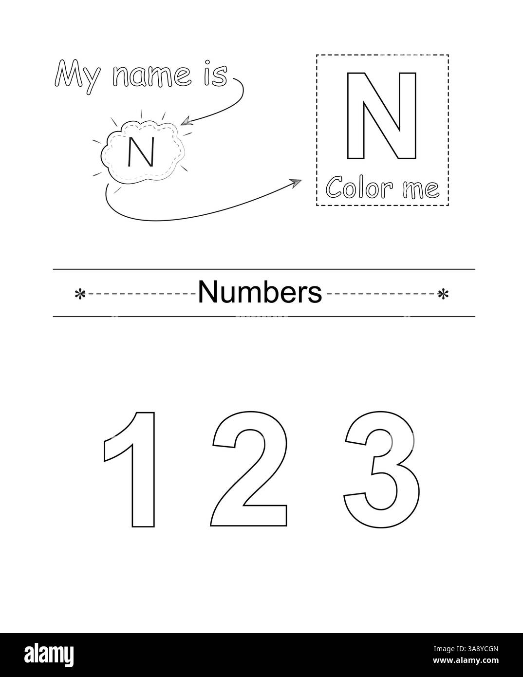 Colora la lettera e l'immagine. Gioco educativo per bambini. Alfabeto da colorare. Lettera N e numeri. Illustrazione Vettoriale