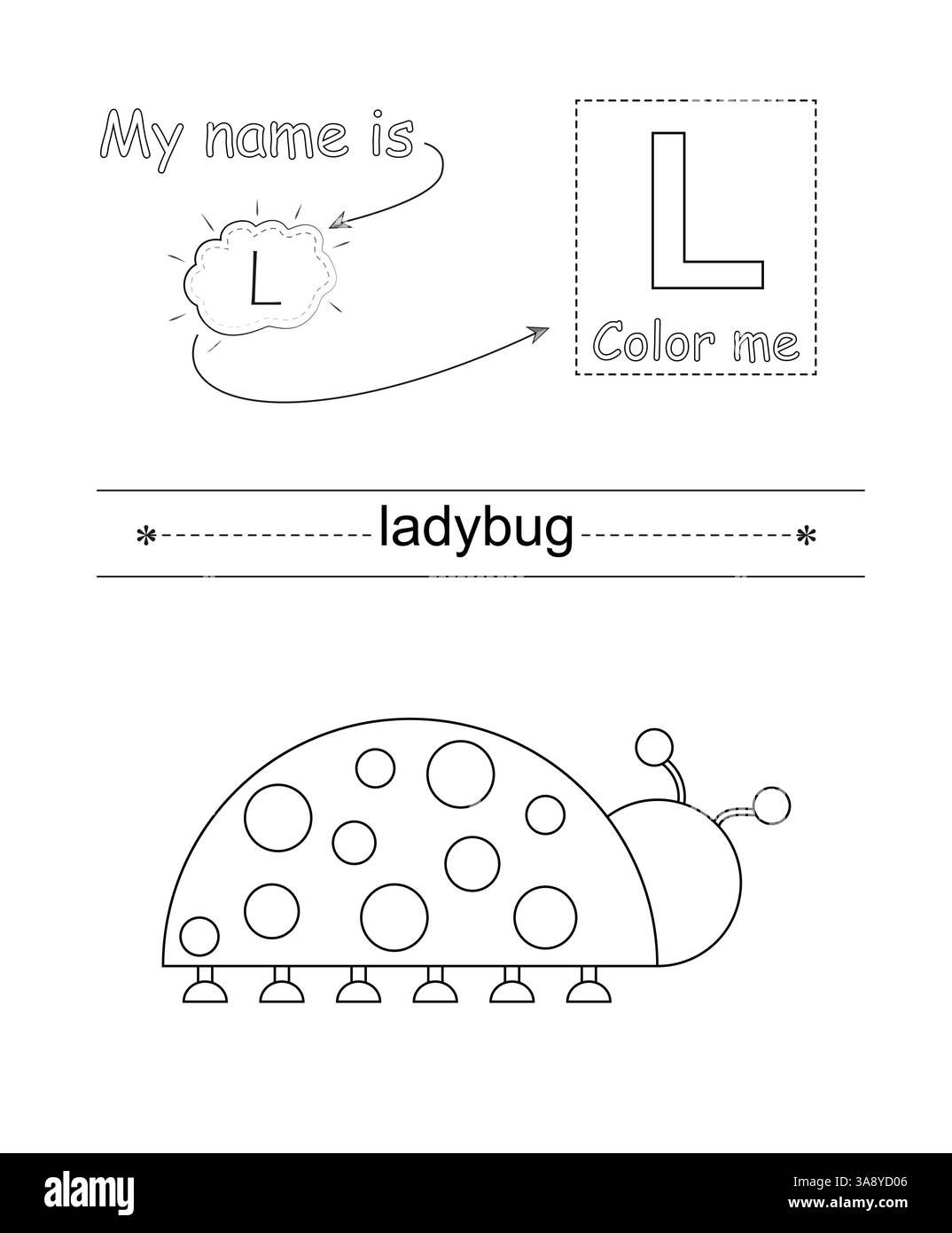 Colora la lettera e l'immagine. Gioco educativo per bambini. Alfabeto da colorare. Lettera L e simpatica coccinella. Illustrazione Vettoriale