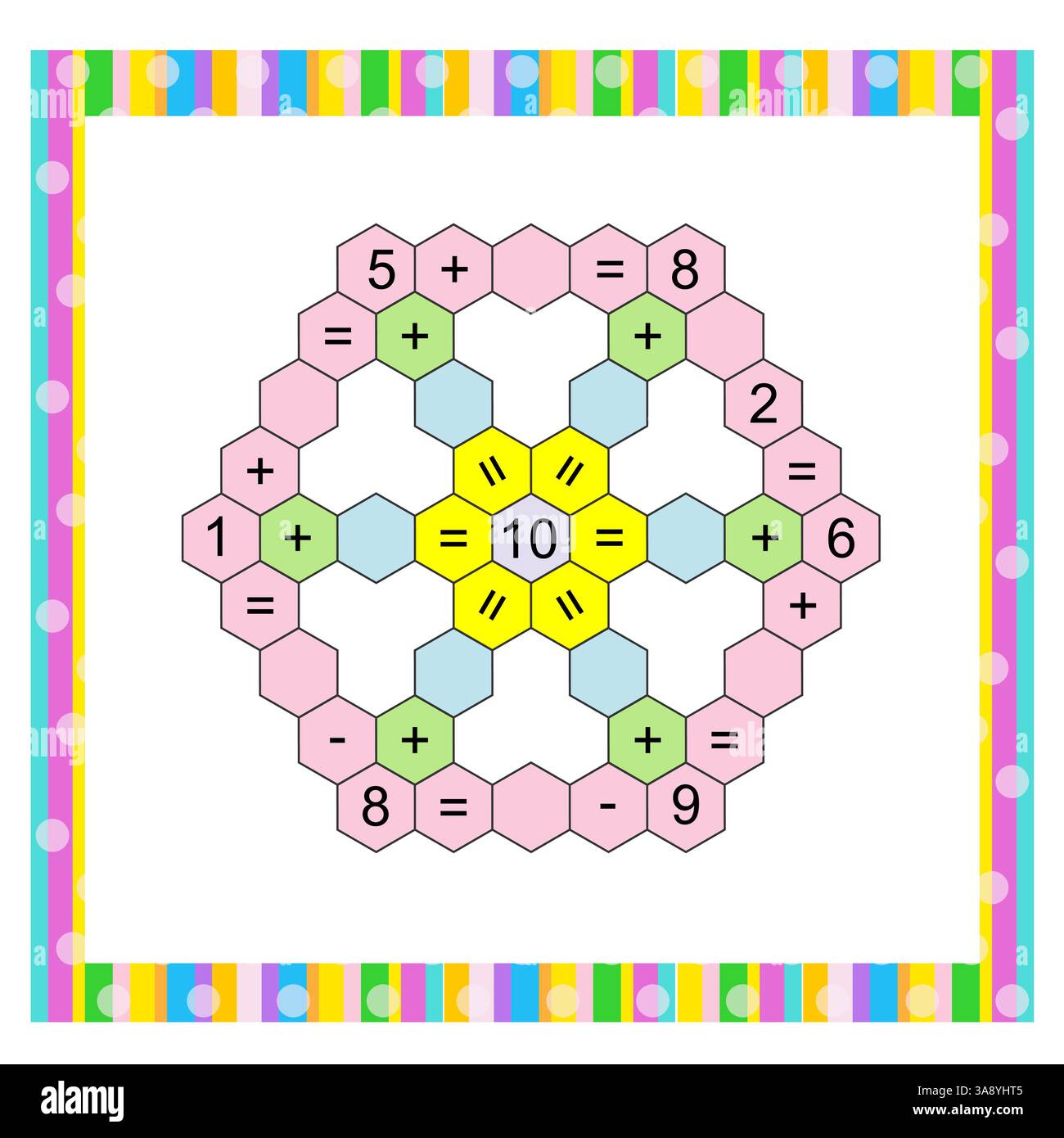 Gioco di matematica per bambini in età prescolare e scolare. Materiale educativo per bambini. Addizione, sottrazione. Foglio di lavoro. Illustrazione vettoriale. Illustrazione Vettoriale
