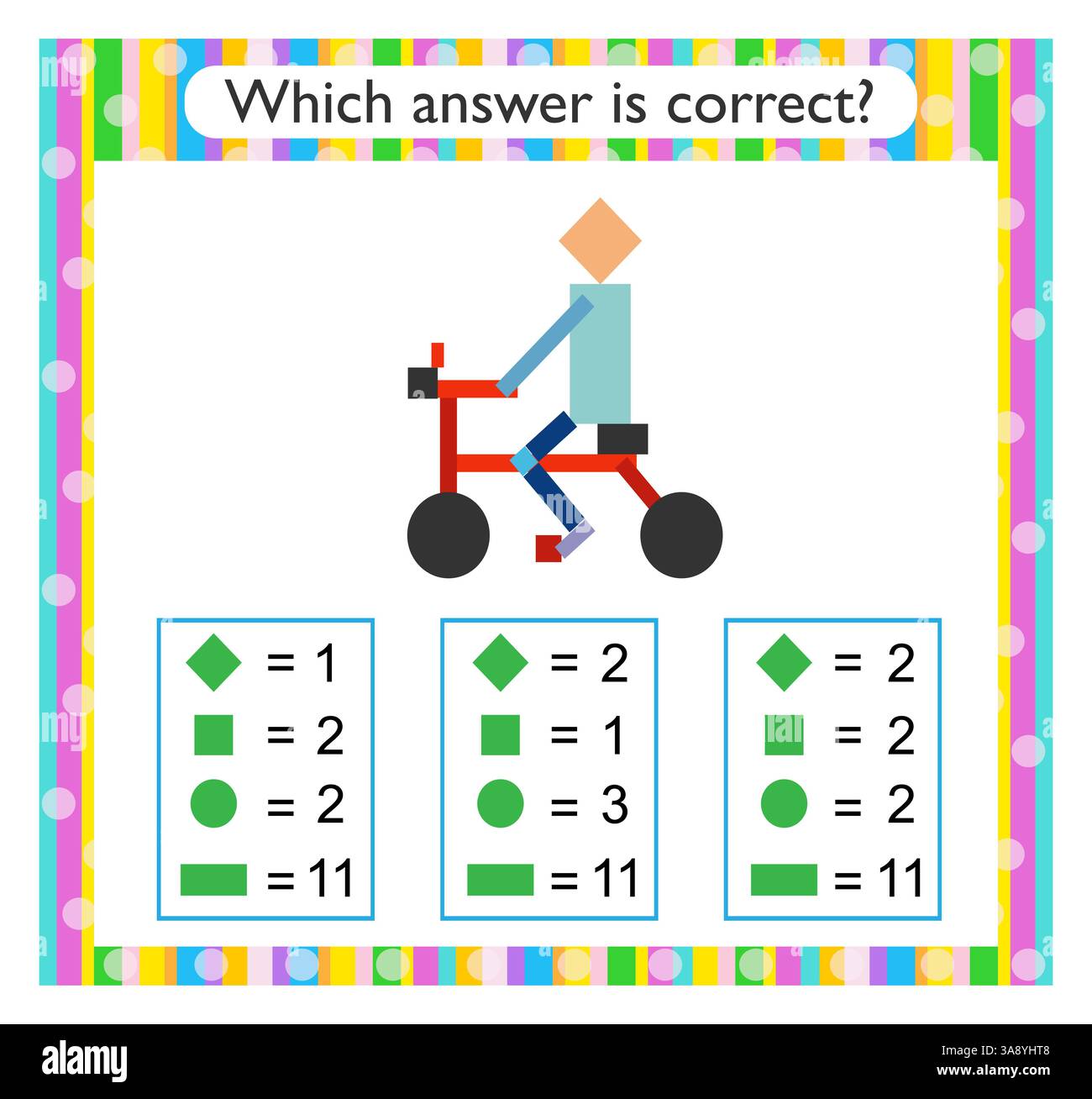 Attività matematica per bambini. Attività del foglio di lavoro in età prescolare. Trovare la risposta corretta. Bicicletta cartoon. Illustrazione vettoriale. Illustrazione Vettoriale