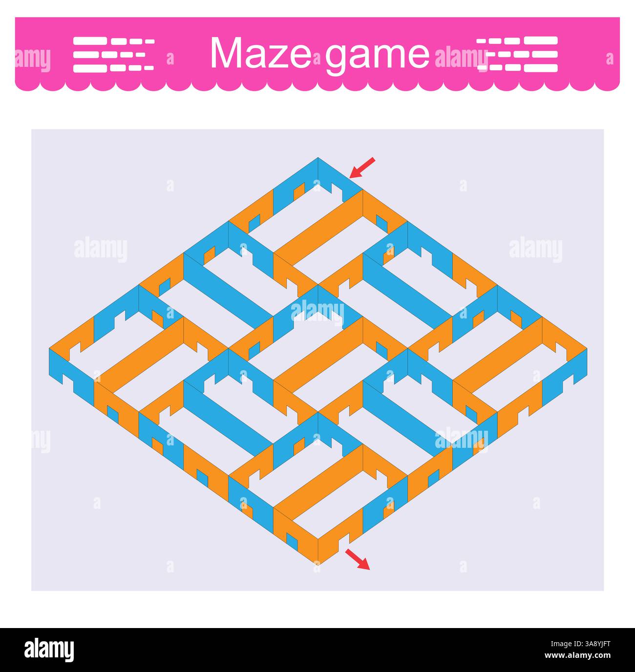 Gioco educativo per allenare il cervello. Gioco labirinto con ingresso e uscita indicati dalle frecce. Illustrazione vettoriale. Illustrazione Vettoriale