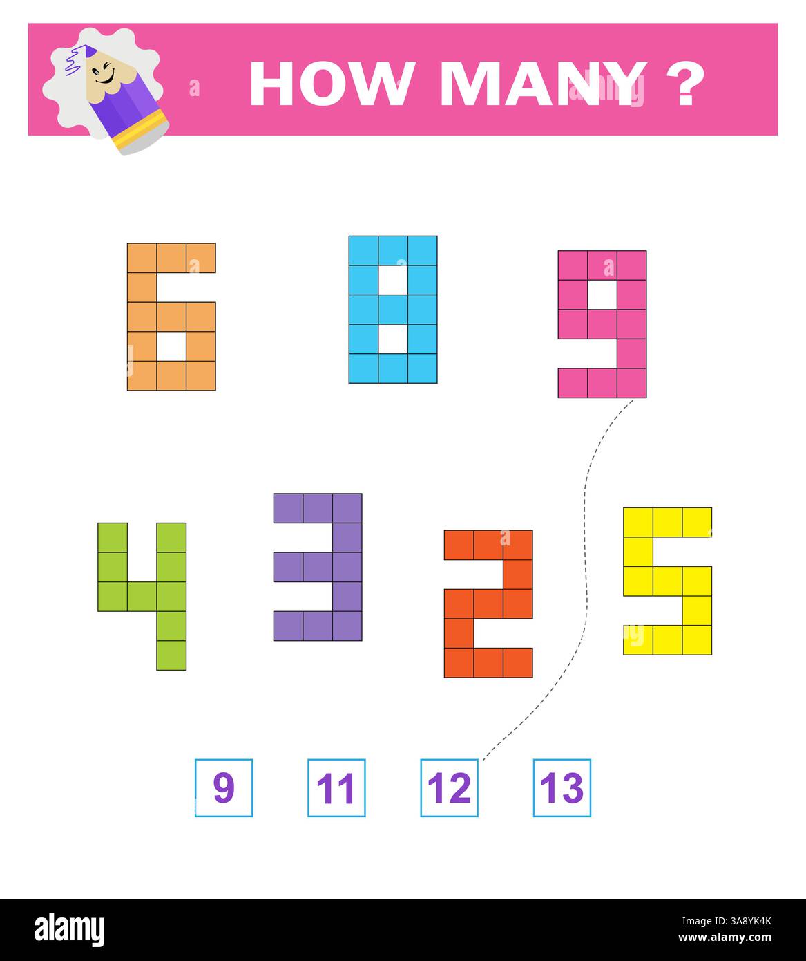 Gioco di matematica per bambini in età prescolare e scolare. Materiale educativo per bambini. Contare il numero di quadrati in ogni oggetto. Foglio di lavoro. Illustrazione vettoriale Illustrazione Vettoriale