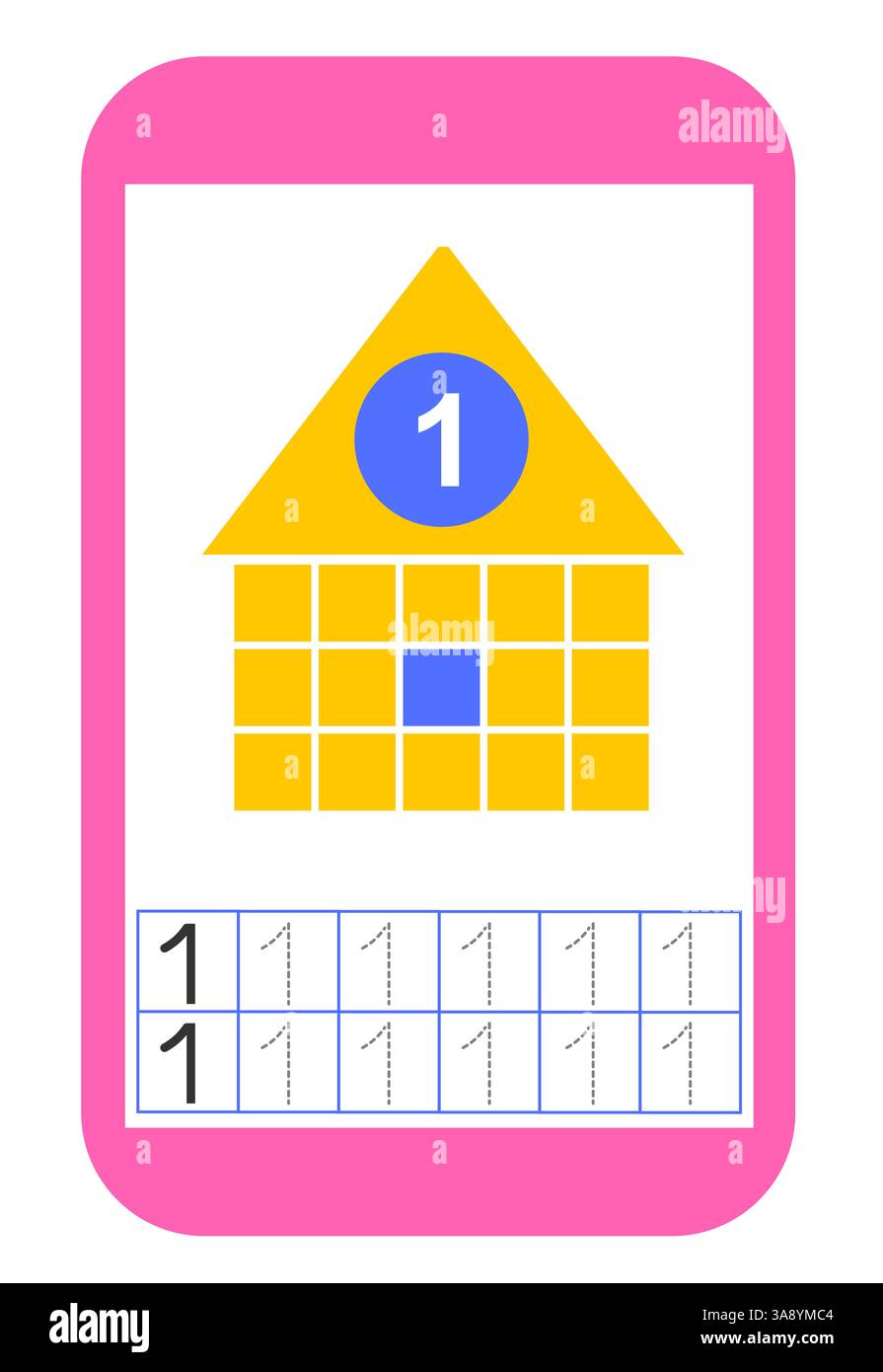 Materiale educativo per bambini. Attività del foglio di lavoro in età prescolare. Foglio di lavoro per i numeri della formazione. Numero 1 Illustrazione Vettoriale