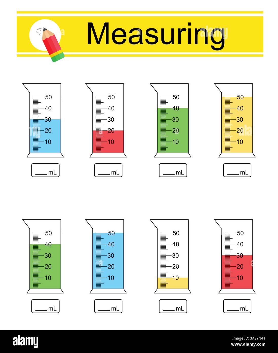 Gioco educativo per bambini. Misurazione del volume del bicchiere. Foglio di lavoro. Illustrazione vettoriale. Illustrazione Vettoriale