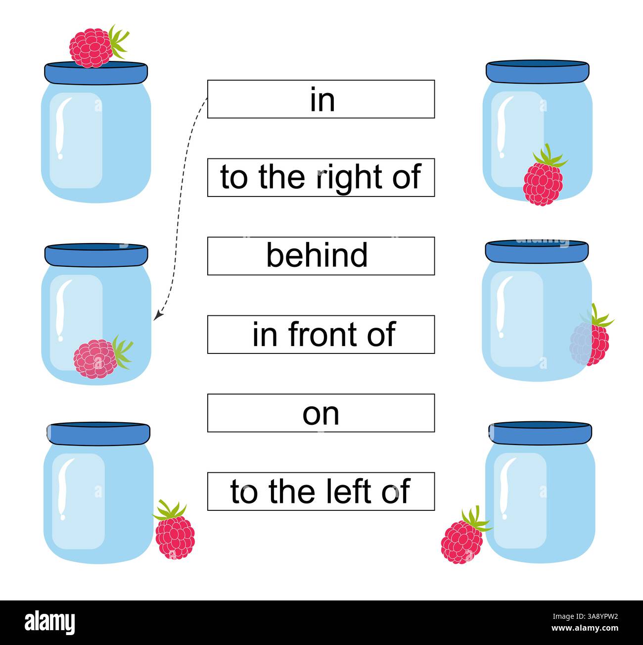 Materiale educativo per bambini. Preposizioni di apprendimento. Vettore vasetto in vetro cartoni animati. Illustrazione per l'educazione dei bambini. Illustrazione Vettoriale