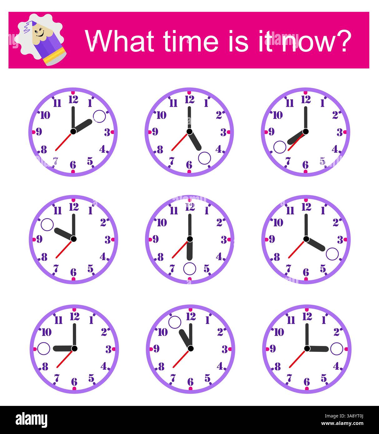 Che ore sono adesso? Gioco educativo per bambini. Attività del foglio di lavoro in età prescolare. Foglio di lavoro stampabile. Illustrazione Vettoriale