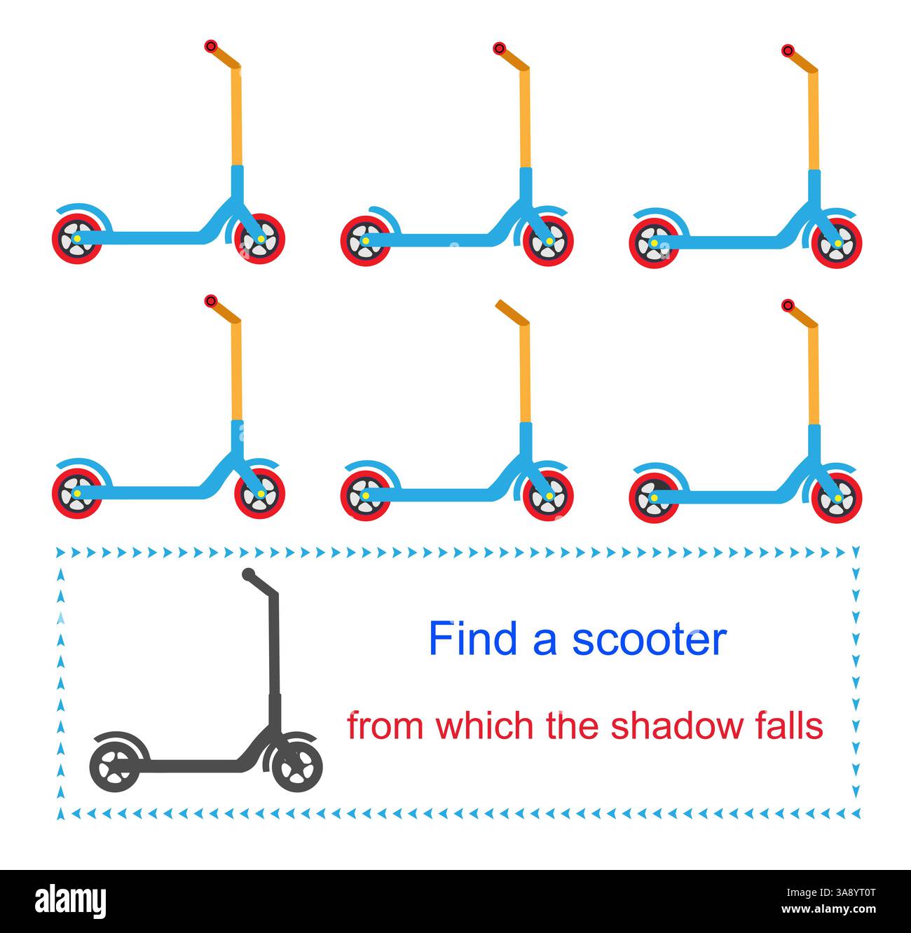 Gioco educativo per bambini. Attività di attenzione. Trova uno scooter da cui cade l'ombra. Illustrazione vettoriale. Design piatto. Illustrazione Vettoriale