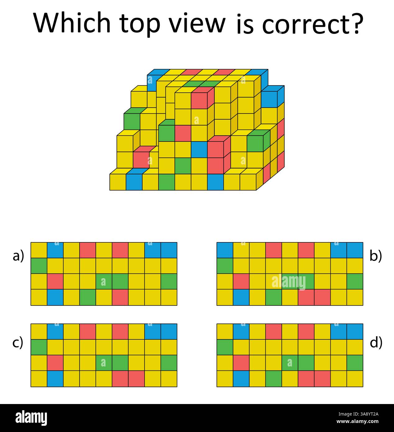 Gioco di logica. Quale vıew superiore è corretto? Test di formazione IQ. Intelligenza visiva. Illustrazione vettoriale. La risposta è D. Illustrazione Vettoriale