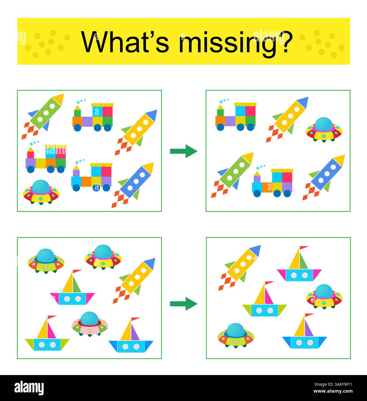 Puzzle per bambini. Trovare l'oggetto mancante. Illustrazione vettoriale di razzo, disco volante, camion. Illustrazione Vettoriale