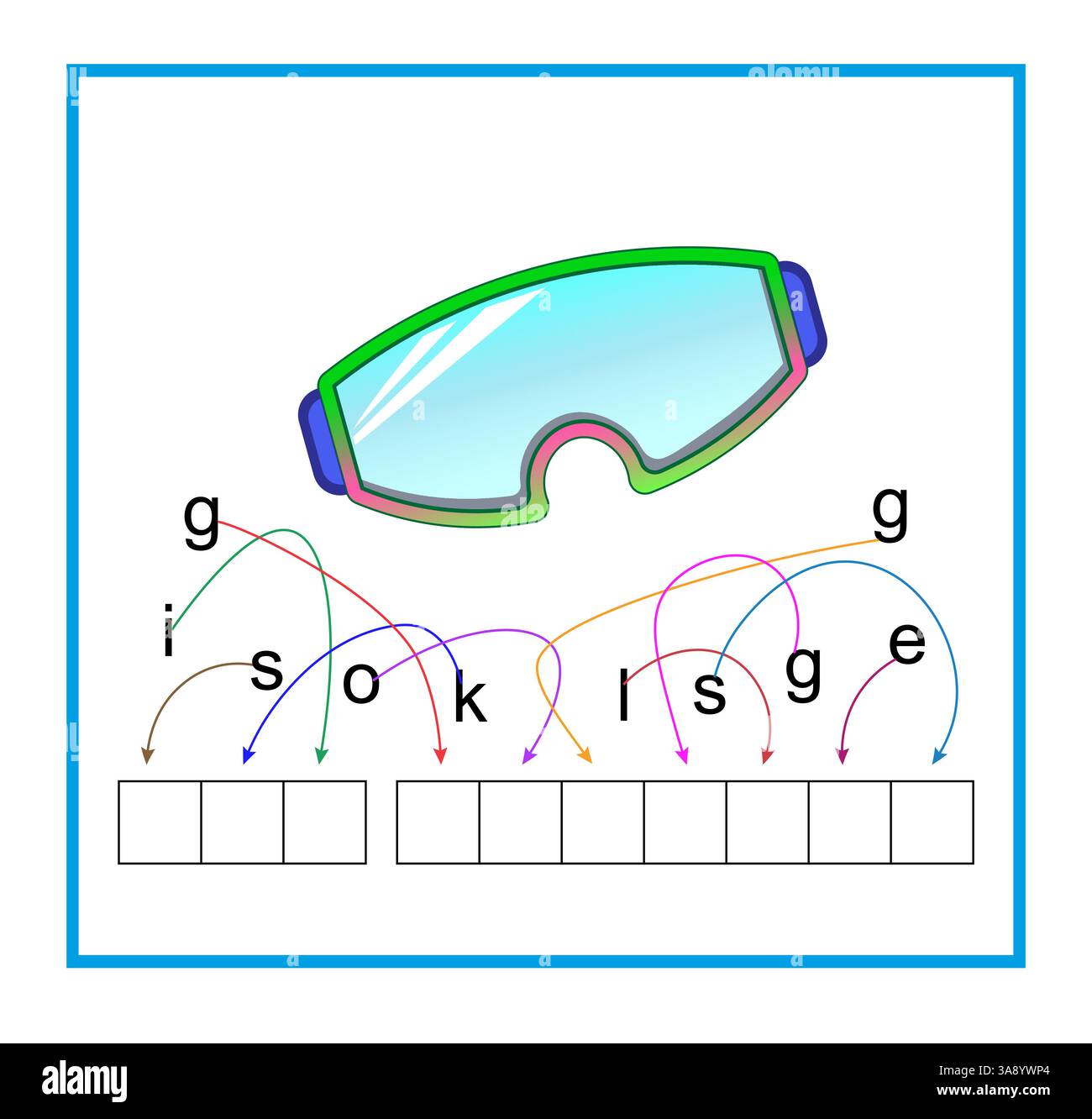 Puzzle per bambini. Occhiali da sci vettoriali per cartoni animati. Legga la parola. Illustrazione vettoriale per l'educazione dei bambini. Design piatto. Illustrazione Vettoriale