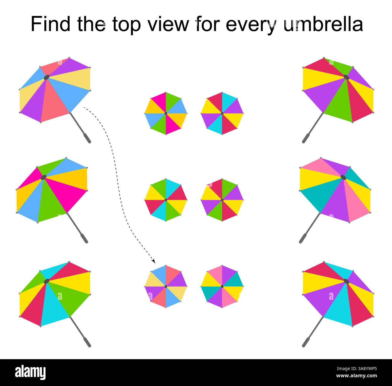 Divertente gioco educativo per bambini. È necessario trovare la vista dall'alto per ogni ombrello. Illustrazione vettoriale. Illustrazione Vettoriale