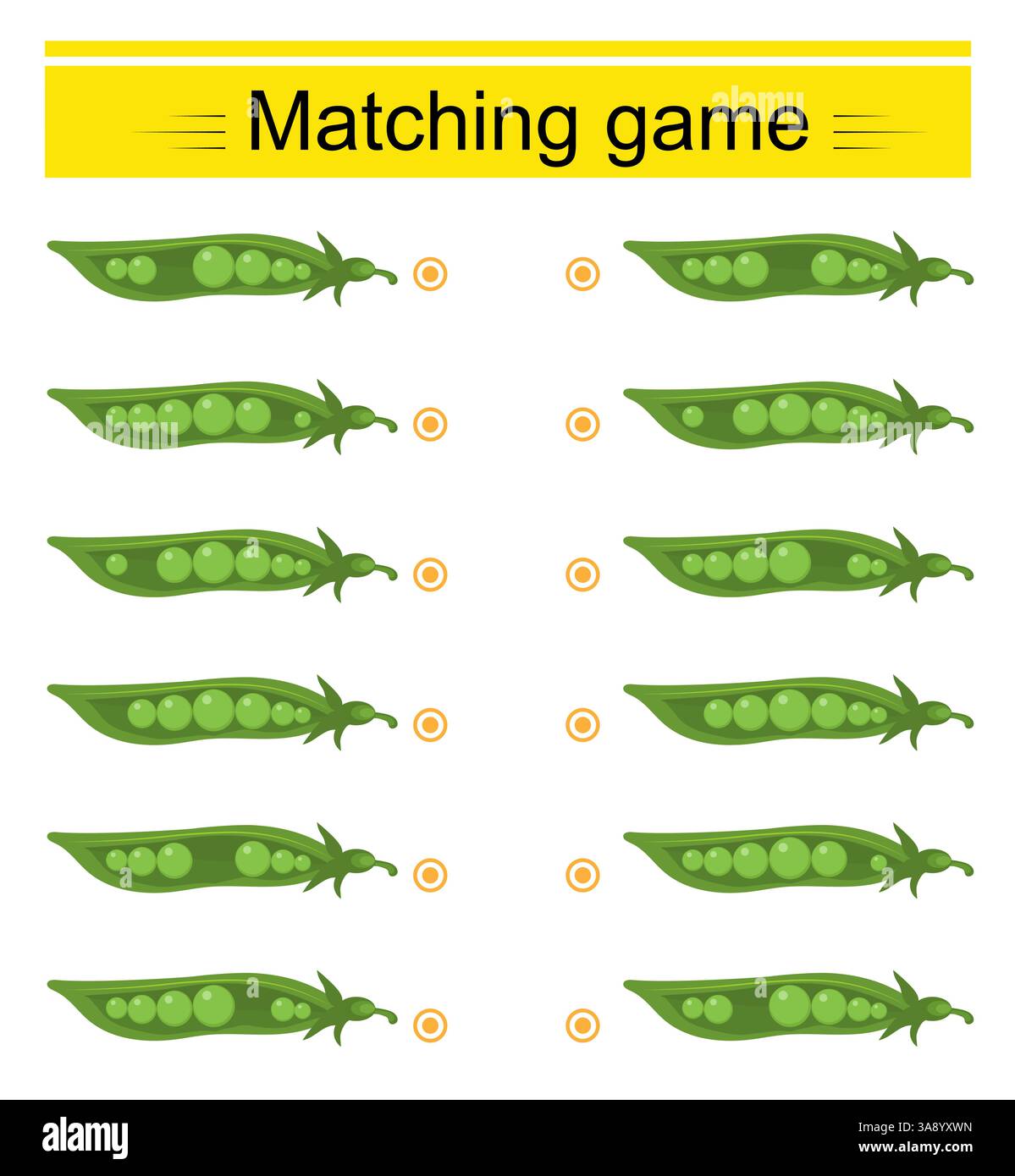 Gioco di abbinamento per bambini. Compito per lo sviluppo dell'attenzione e della logica. Cialda di piselli cartoni animati. Illustrazione vettoriale. Illustrazione Vettoriale