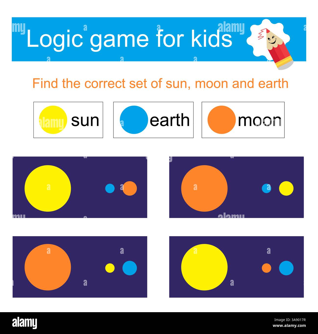 Gioco di logica per bambini. Necessità di trovare il giusto set di sole, luna e terra. Illustrazione vettoriale. Design piatto. Illustrazione Vettoriale