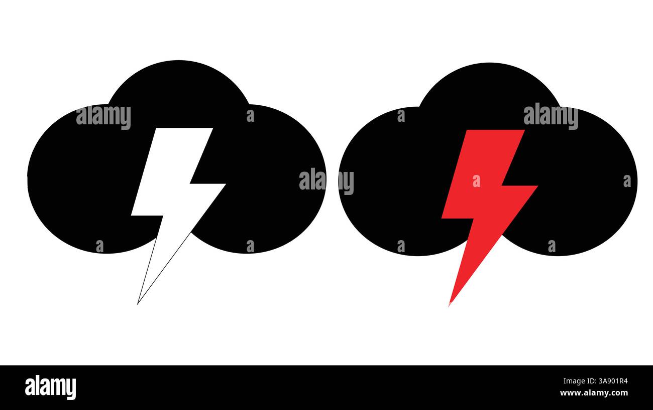 Icona minimalista del temporale, nuvola nera con simbolo di fulmine bianco e rosso Illustrazione Vettoriale