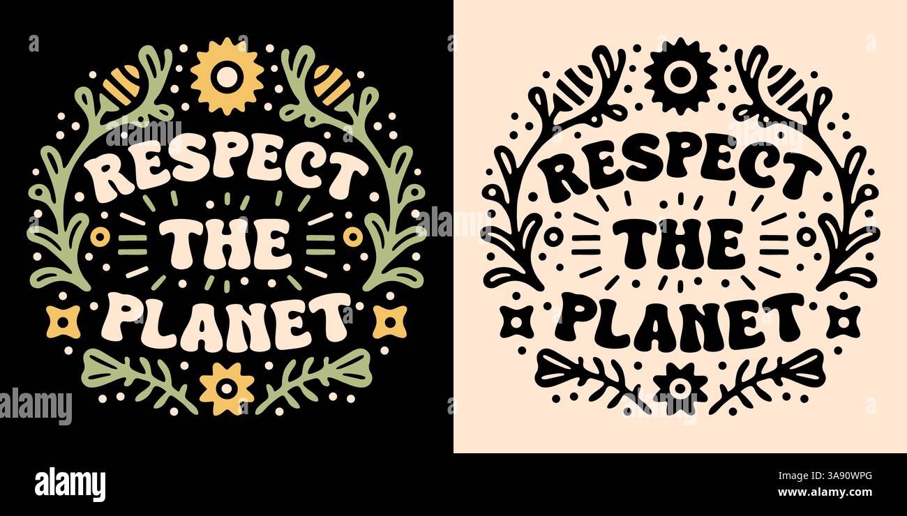 Rispetta la scritta del pianeta adesivo del badge Earth Day illustrazione ecosostenibile attivismo retrò floreale arte estetica vintage testo stampabile. Illustrazione Vettoriale