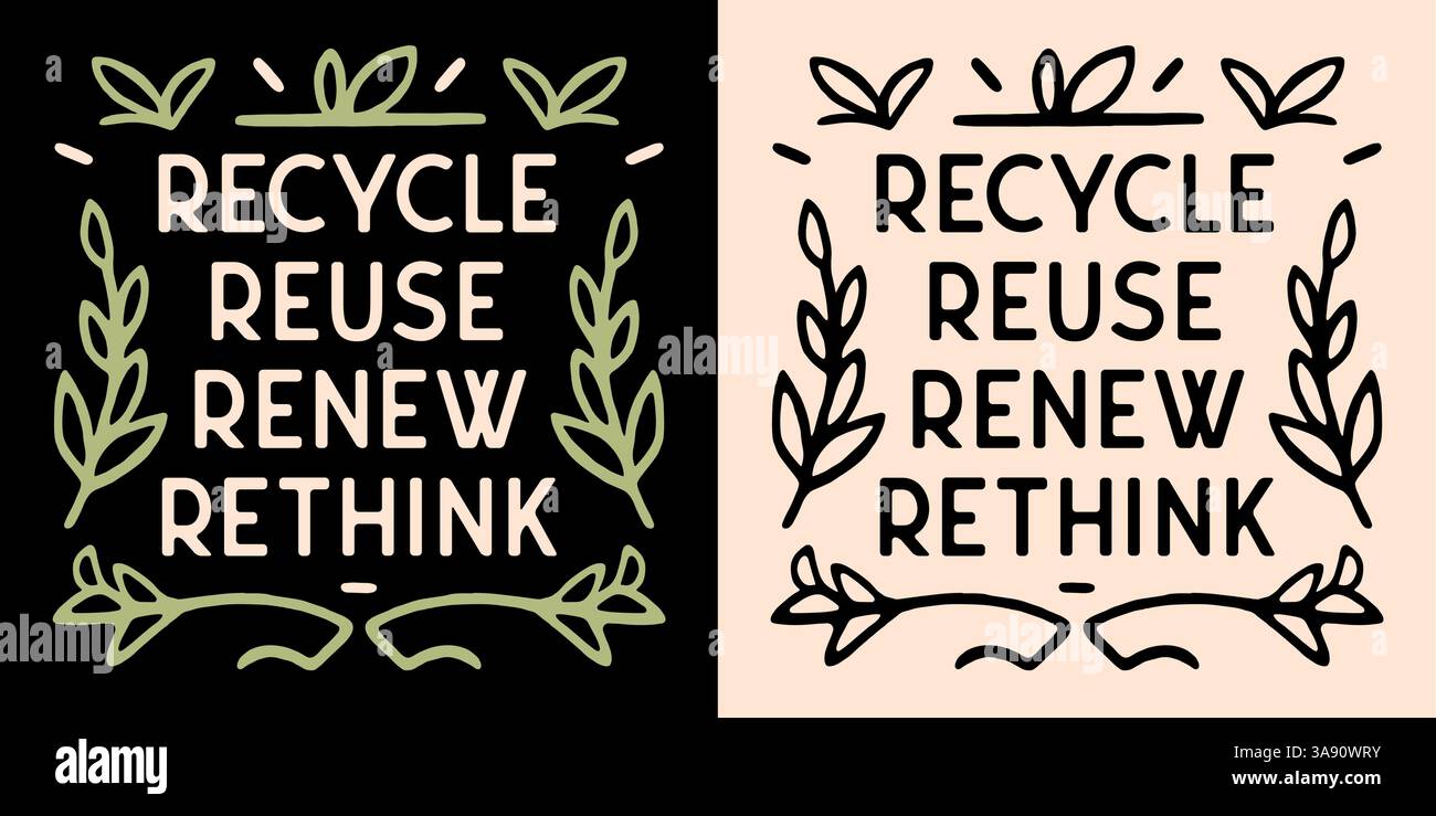 Riciclare riutilizzare rinnovare ripensare il design della camicia stile di vita lento sostenibile zero rifiuti illustrazione poster stampato ecocompatibile attivista del clima. Illustrazione Vettoriale