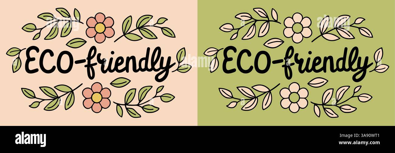 Lettere ecocompatibili etichetta concettuale sostenibile per prodotti ecologici riciclati intestazione per banner floreale stampa di poster con testo vettoriale estetico femminile. Illustrazione Vettoriale