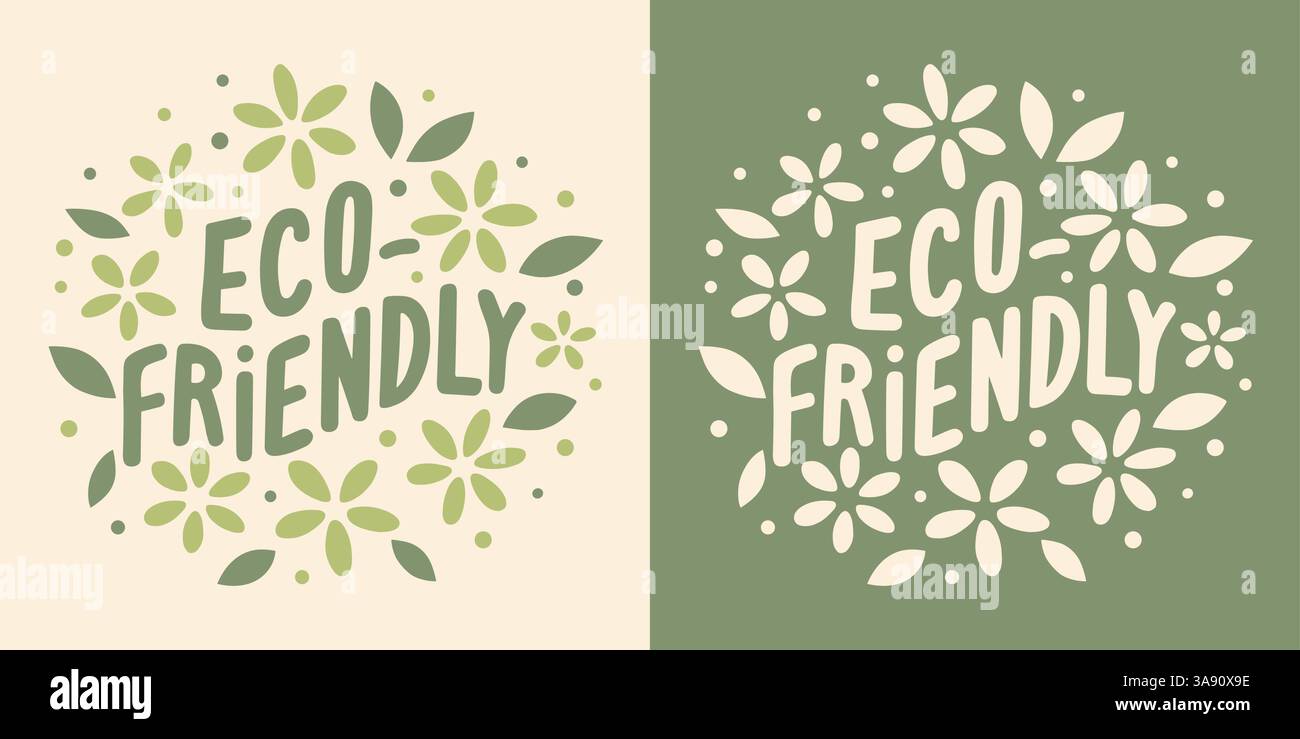 Lettere ecocompatibili etichetta concettuale sostenibile per prodotti ecologici riciclati piante floreali badge rotondo vettore attivista climatico stampa poster. Illustrazione Vettoriale