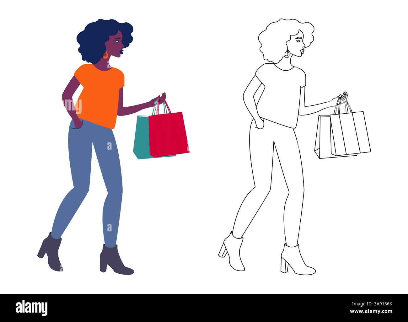 Una ragazza con le borse della spesa. Una donna africana che fa shopping. Un'illustrazione di una donna elegante con borse della spesa. Una donna africana in un outfit elegante Illustrazione Vettoriale