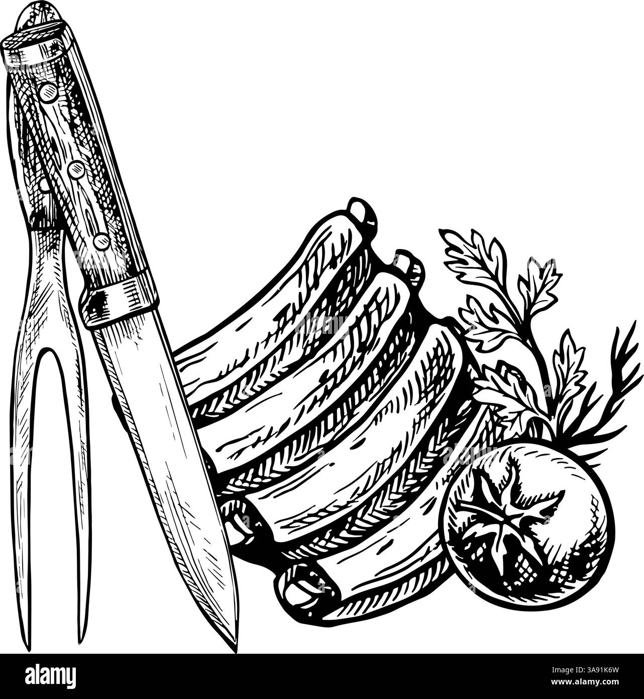 Costolette con verdure, coltello da cucina e forchetta. Grafica vettoriale raffigurante un barbecue. Illustrazione in bianco e nero disegnata a mano. Su sfondo bianco. Fil Illustrazione Vettoriale