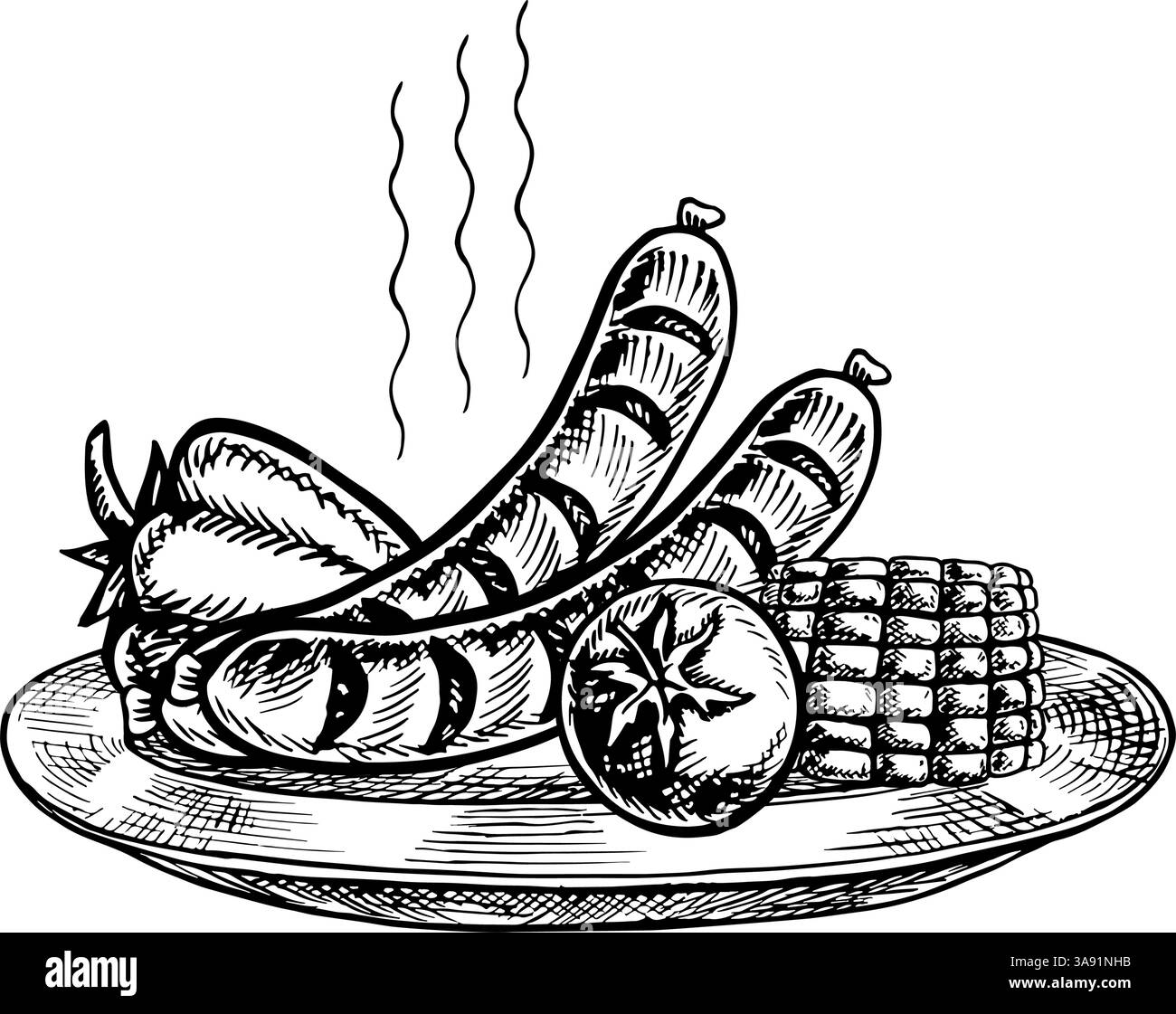 Salsicce grigliate con verdure. Grafica vettoriale raffigurante un barbecue. Un'illustrazione in bianco e nero disegnata a mano. Su sfondo bianco. Per un menu, Illustrazione Vettoriale