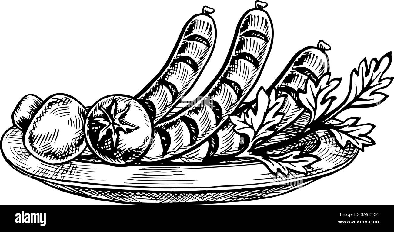 Salsicce grigliate con verdure. Grafica vettoriale raffigurante un barbecue. Un'illustrazione in bianco e nero disegnata a mano. Su sfondo bianco. Per un menu, Illustrazione Vettoriale
