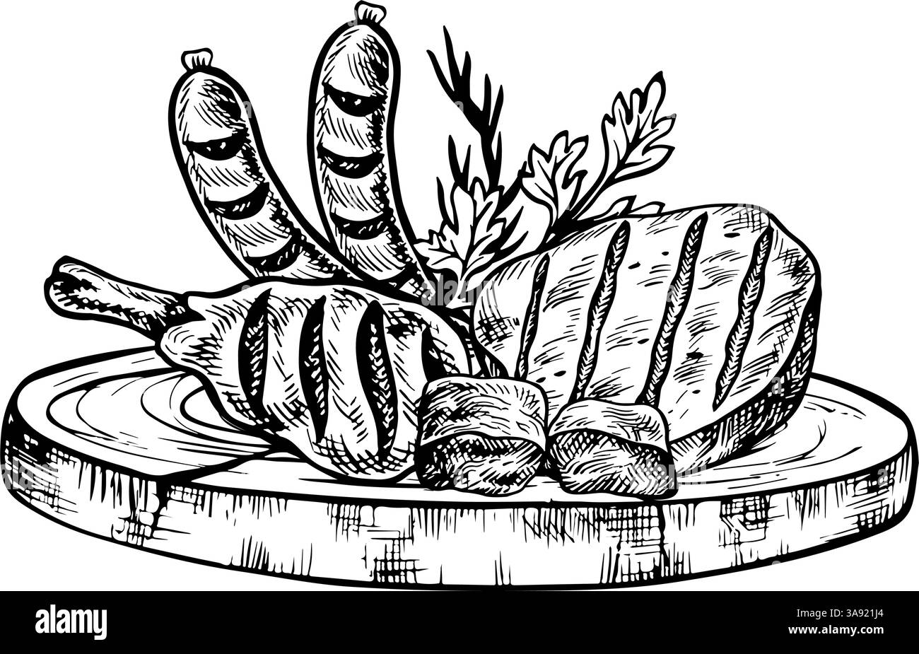 Barbecue e carne da picnic su un tagliere di legno. Grafica vettoriale con immagini di carne fritta di vari tipi. Illustrati disegnati a mano in bianco e nero Illustrazione Vettoriale