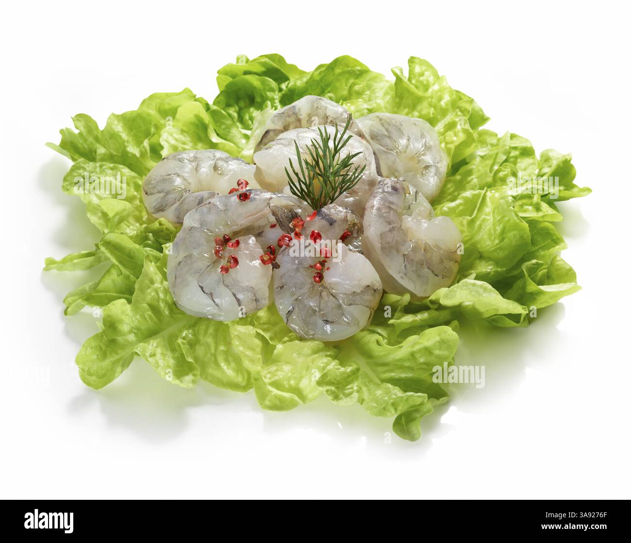 Gamberi crudi, decorati con foglie di lattuga, shot in studio Foto Stock