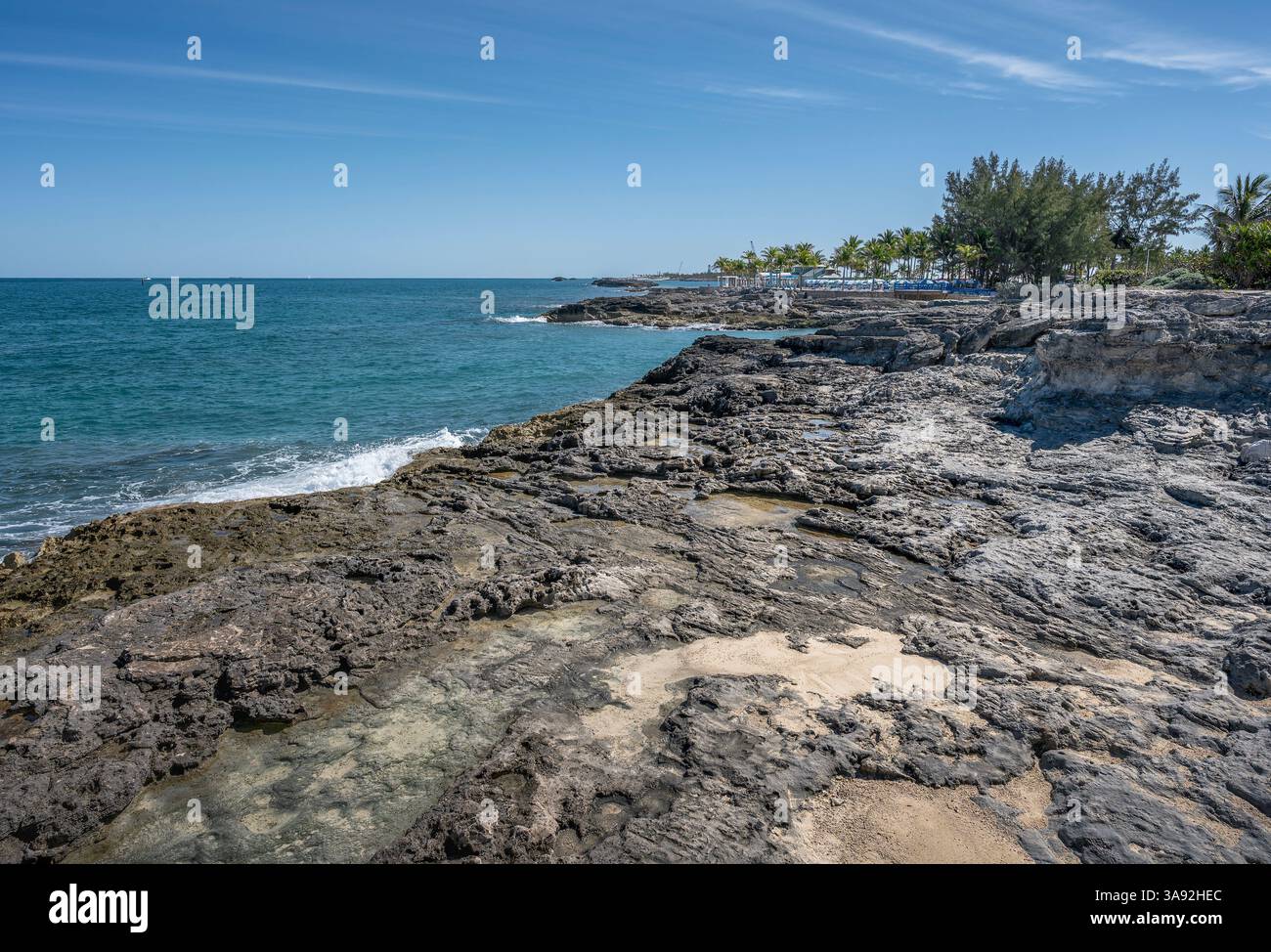 Costa di una piccola isola rocciosa alle Bahamas Foto Stock