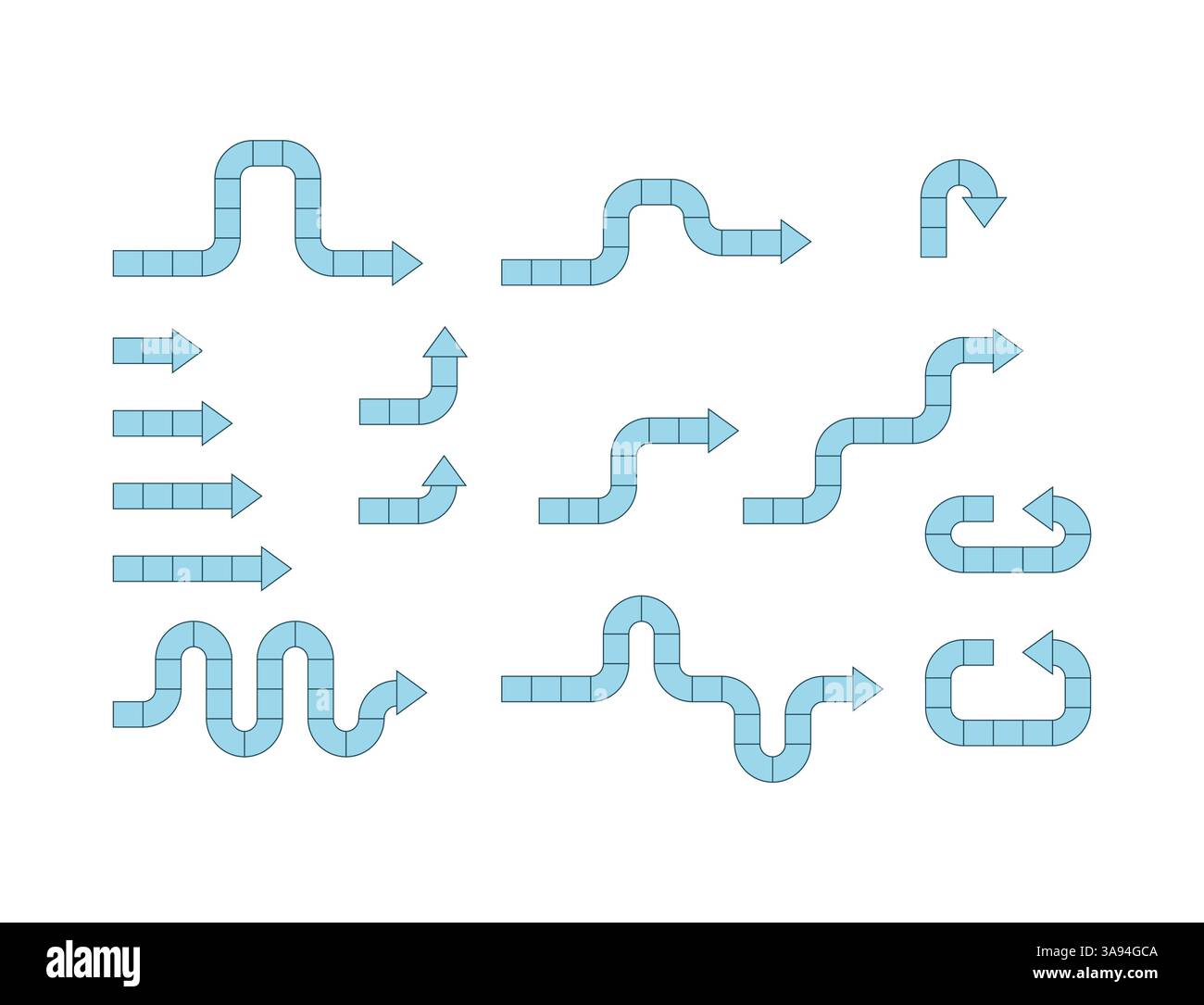 Elementi freccia per infografiche. Concetto di fasi direzionali. Rotazione, ciclo, direzione rettilinea, movimento serpente. Illustrazione Vettoriale
